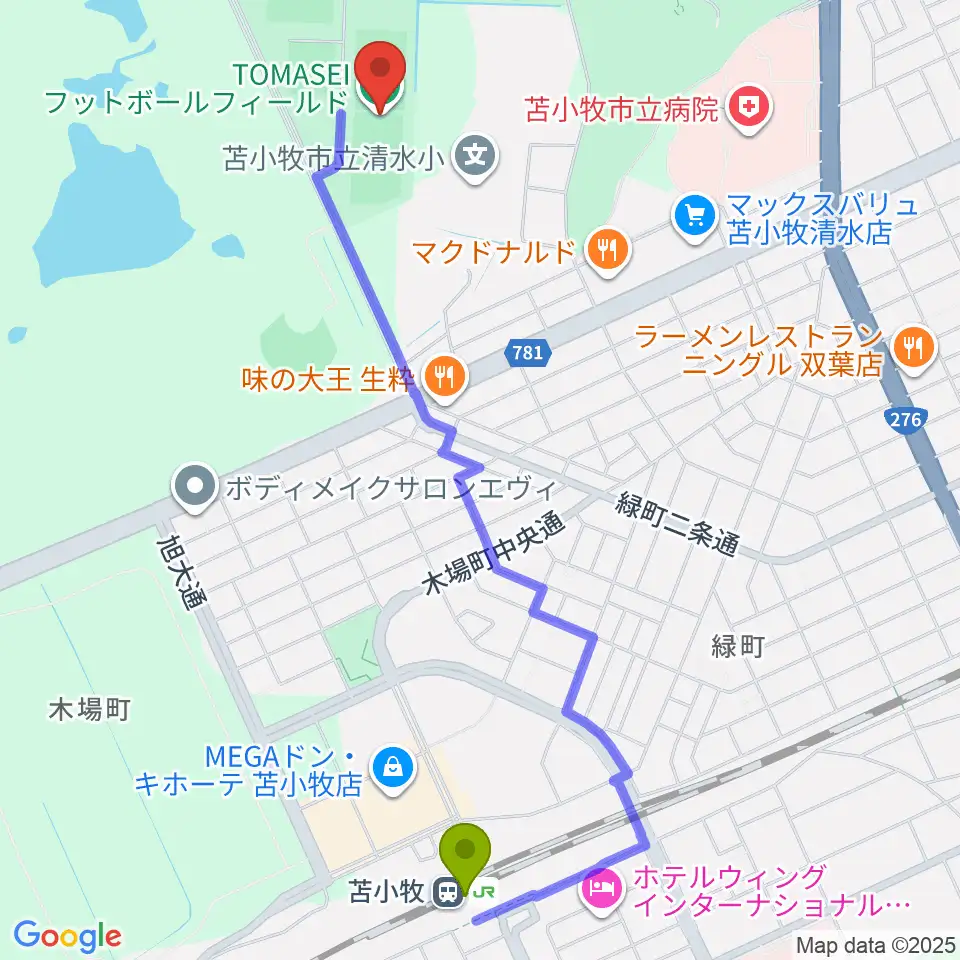 TOMASEIフットボールフィールドの最寄駅苫小牧駅からの徒歩ルート（約23分）地図