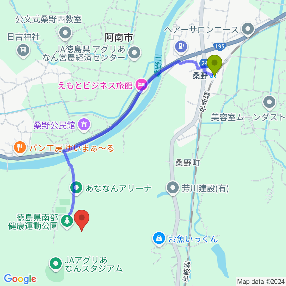 JAアグリあなん陸上競技場の最寄駅桑野駅からの徒歩ルート（約23分）地図