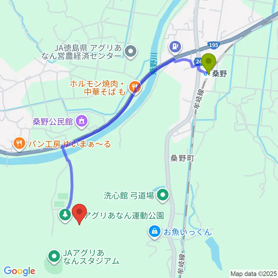 JAアグリあなん陸上競技場の最寄駅桑野駅からの徒歩ルート（約23分）地図