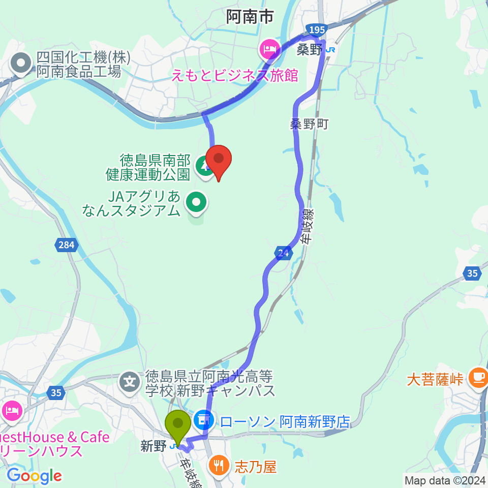 新野駅からJAアグリあなん陸上競技場へのルートマップ地図