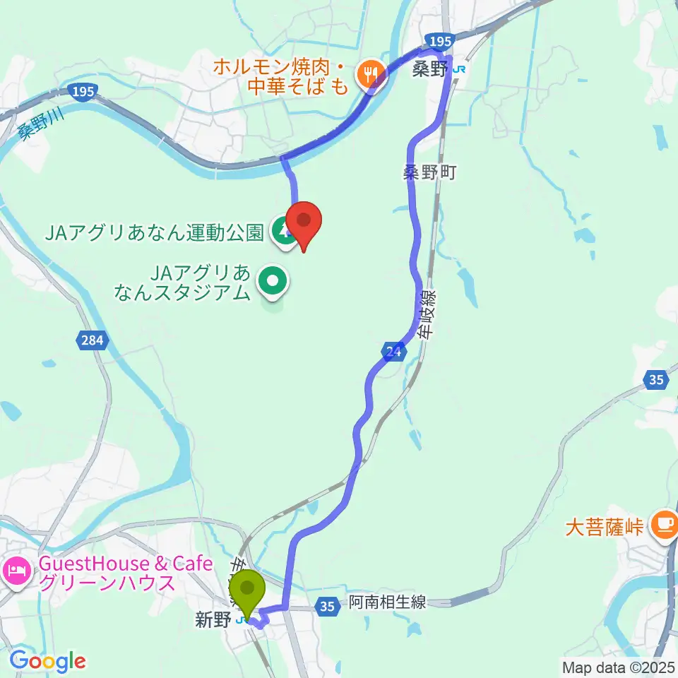 新野駅からJAアグリあなん陸上競技場へのルートマップ地図