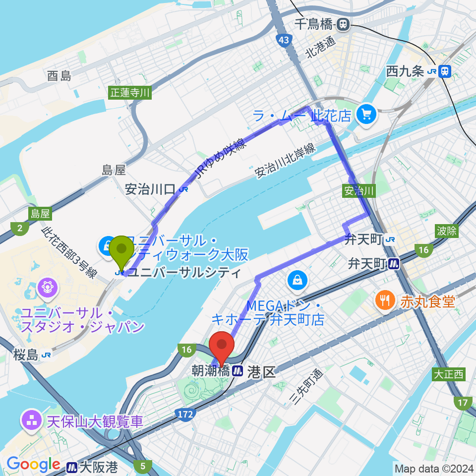 ユニバーサルシティ駅からAsue大阪プールへのルートマップ地図