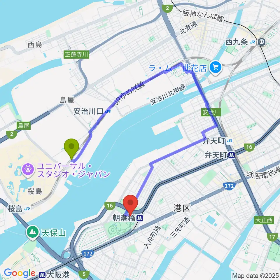 ユニバーサルシティ駅からAsue大阪プールへのルートマップ地図