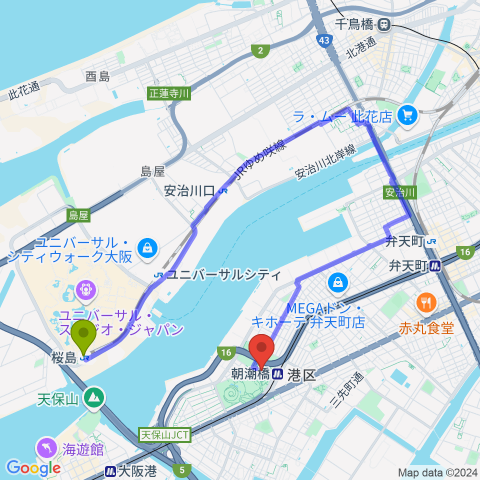 桜島駅からAsue大阪プールへのルートマップ地図