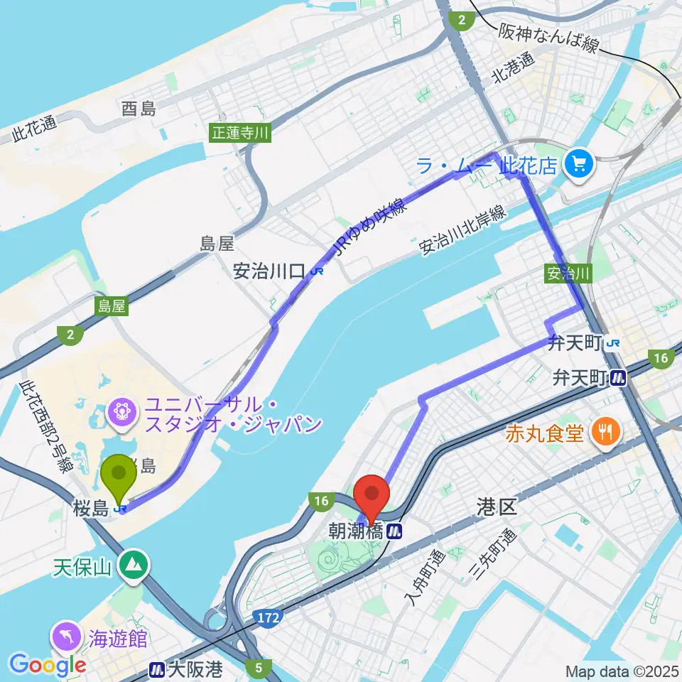 桜島駅からAsue大阪プールへのルートマップ地図