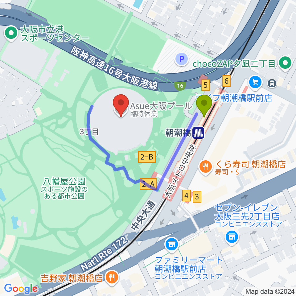 Asue大阪プールの最寄駅朝潮橋駅からの徒歩ルート（約2分）地図