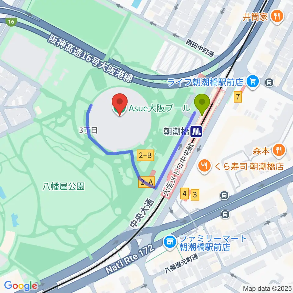 Asue大阪プールの最寄駅朝潮橋駅からの徒歩ルート（約2分）地図