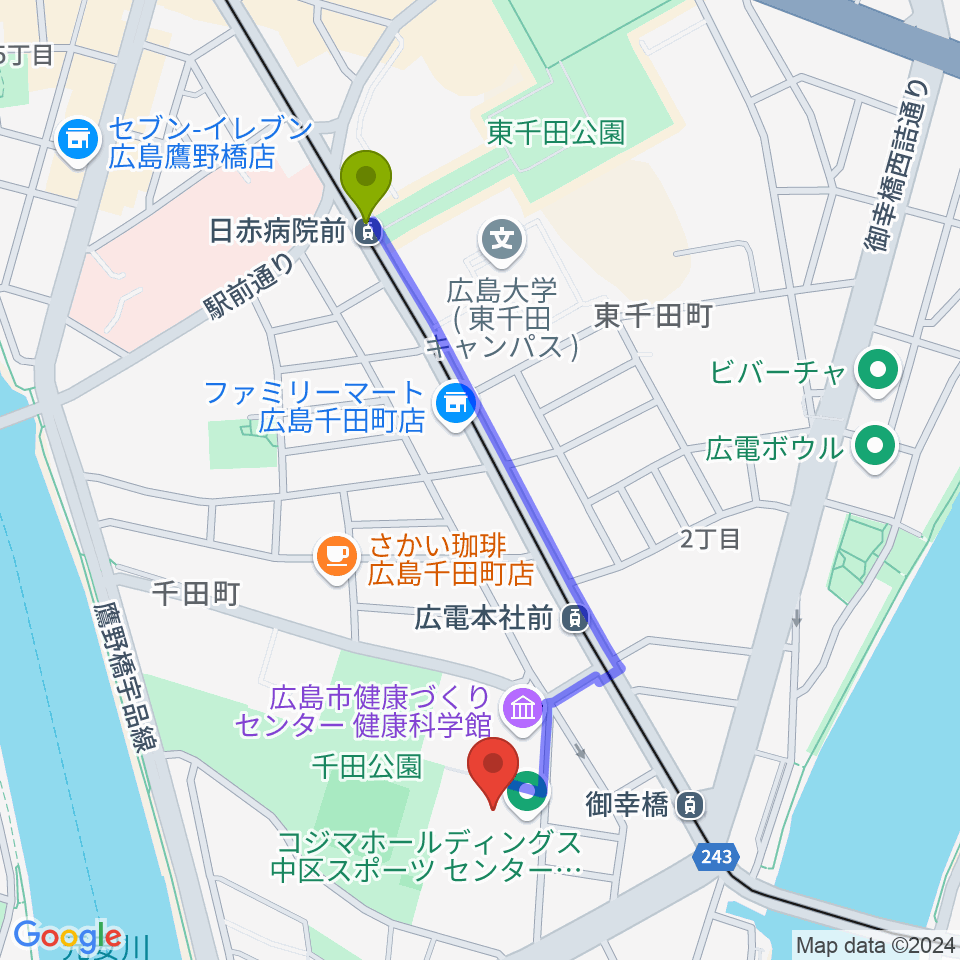 日赤病院前駅からコジマホールディングス中区スポーツセンターへのルートマップ地図