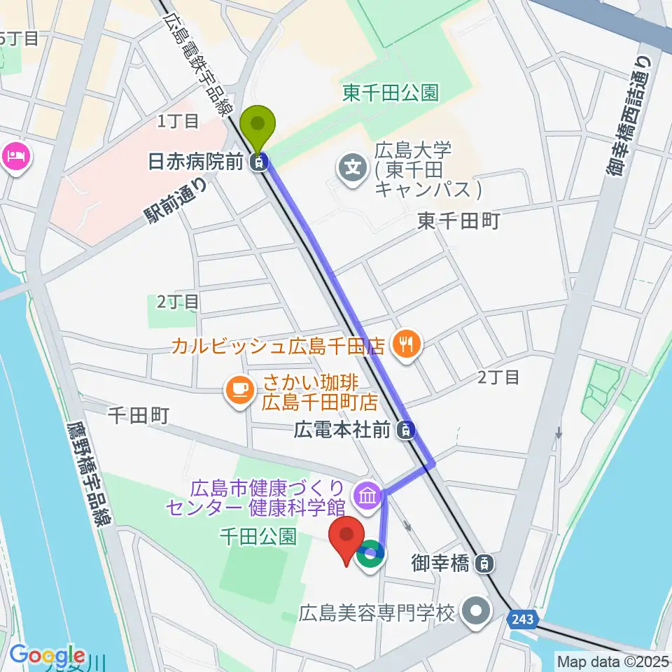 日赤病院前駅からコジマホールディングス中区スポーツセンターへのルートマップ地図
