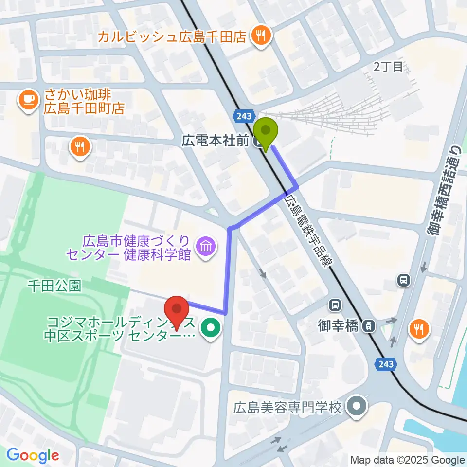 コジマホールディングス中区スポーツセンターの最寄駅広電本社前駅からの徒歩ルート（約3分）地図