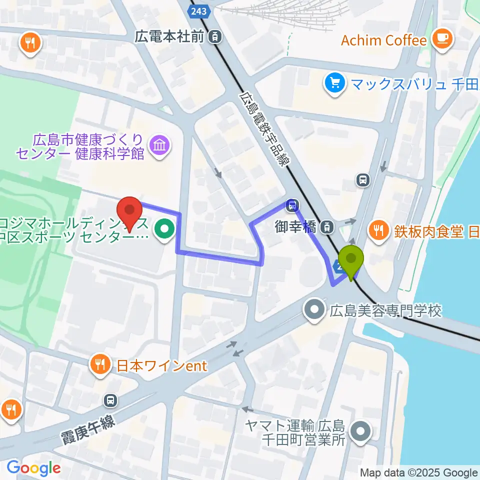 御幸橋駅からコジマホールディングス中区スポーツセンターへのルートマップ地図