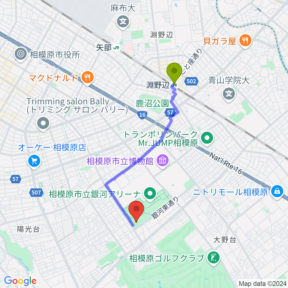 ウイッツひばり球場の最寄駅淵野辺駅からの徒歩ルート（約31分）地図