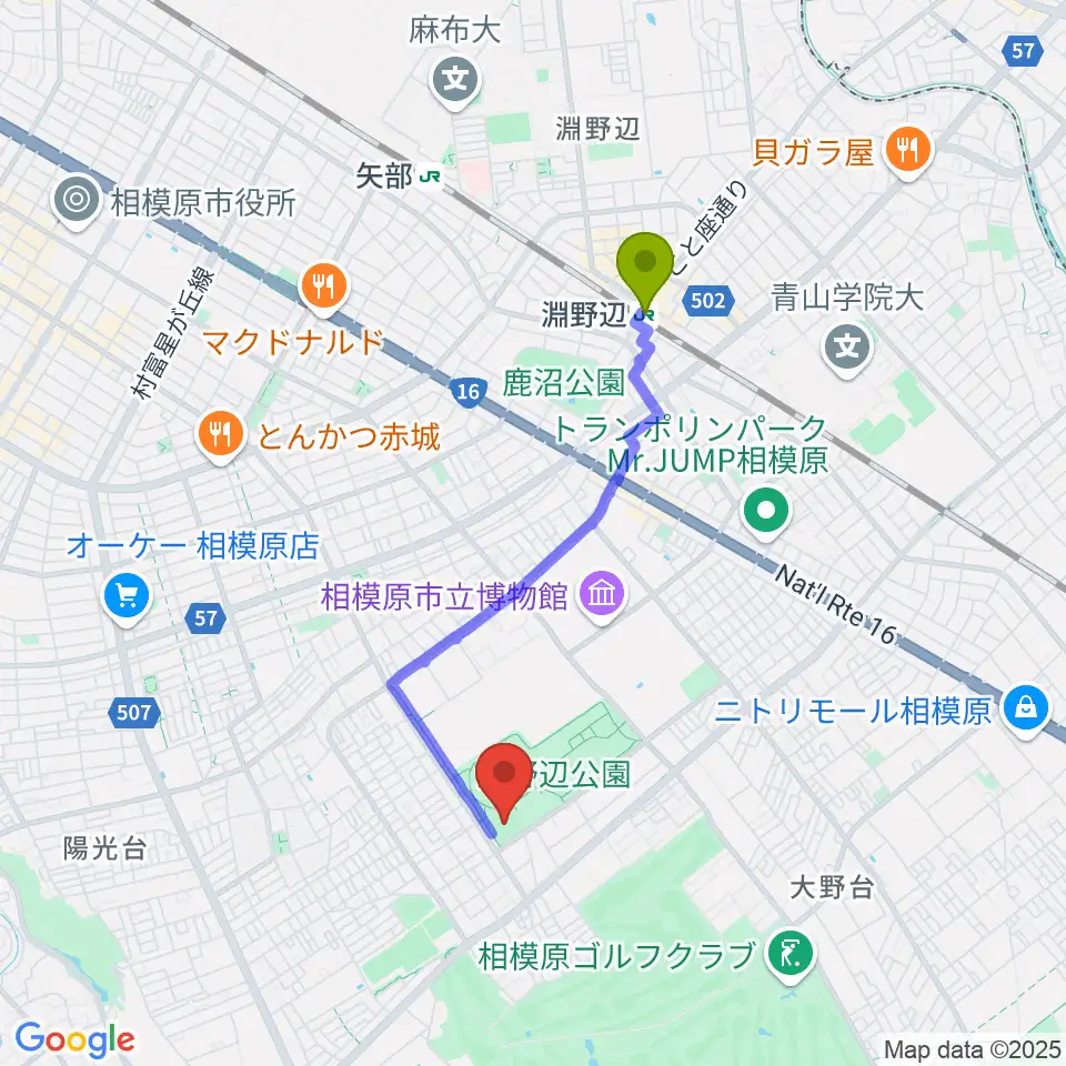 ウイッツひばり球場の最寄駅淵野辺駅からの徒歩ルート（約31分）地図