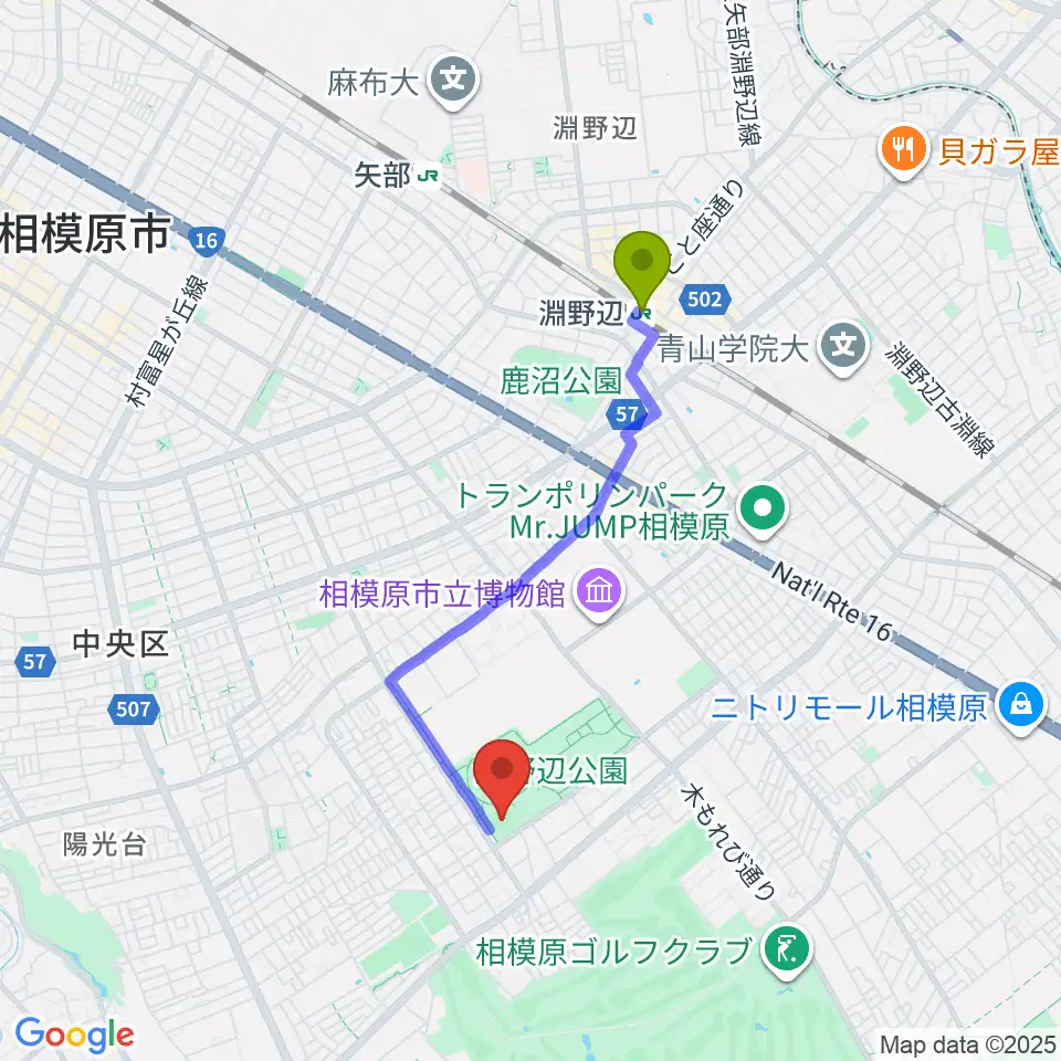 ウイッツひばり球場の最寄駅淵野辺駅からの徒歩ルート（約31分）地図