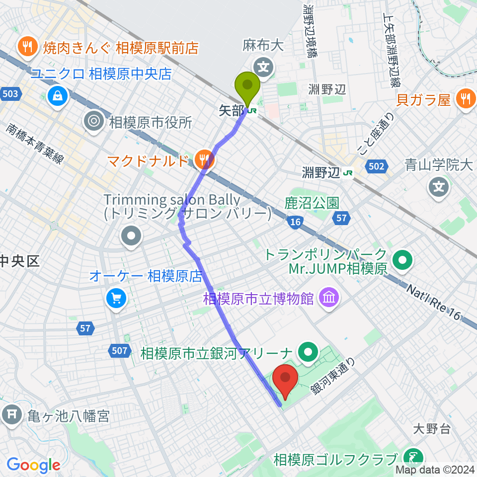 矢部駅からウイッツひばり球場へのルートマップ地図