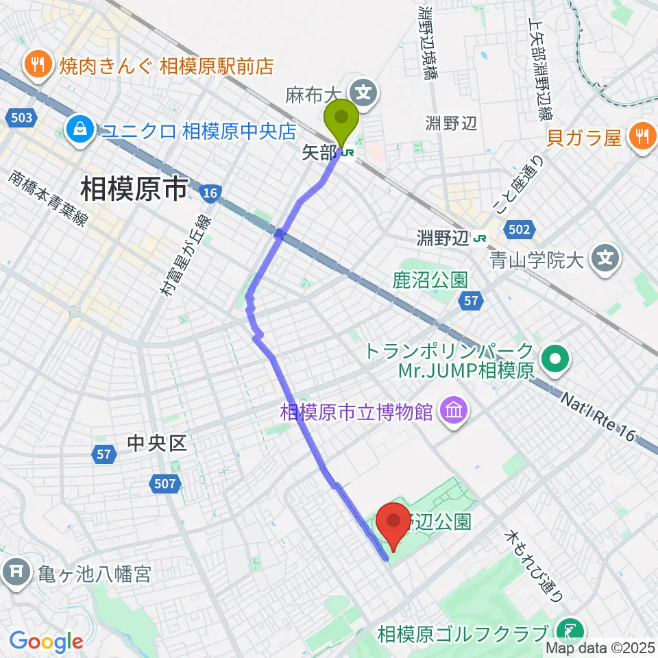 矢部駅からウイッツひばり球場へのルートマップ地図