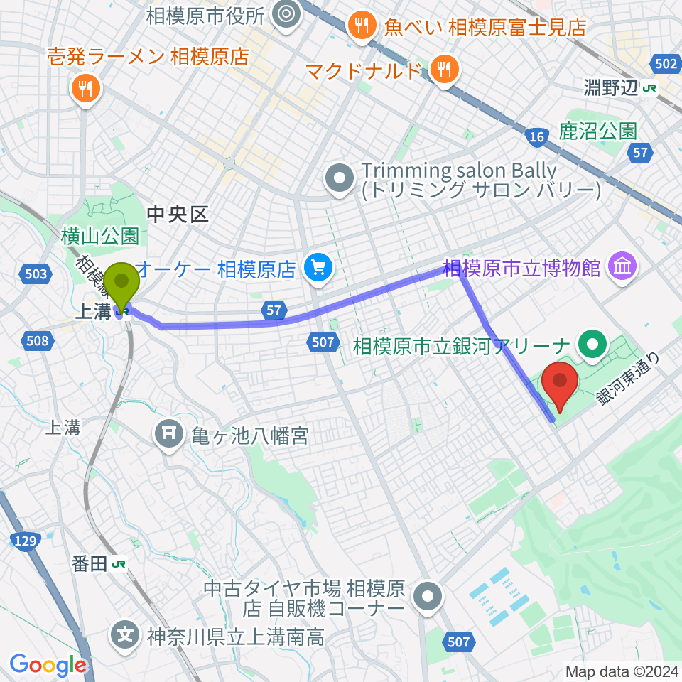 上溝駅からウイッツひばり球場へのルートマップ地図