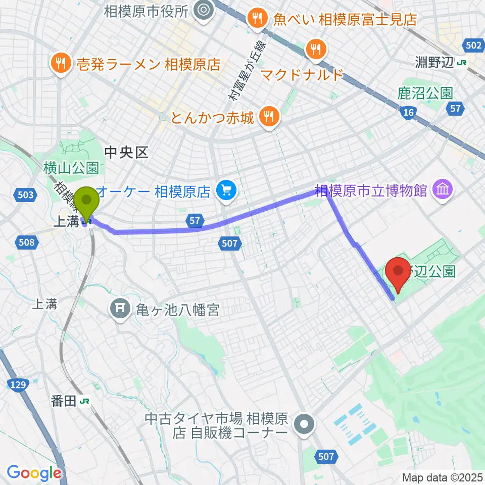 上溝駅からウイッツひばり球場へのルートマップ地図