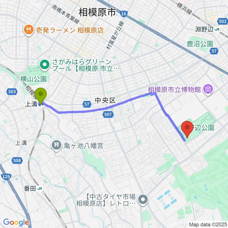 上溝駅からウイッツひばり球場へのルートマップ地図
