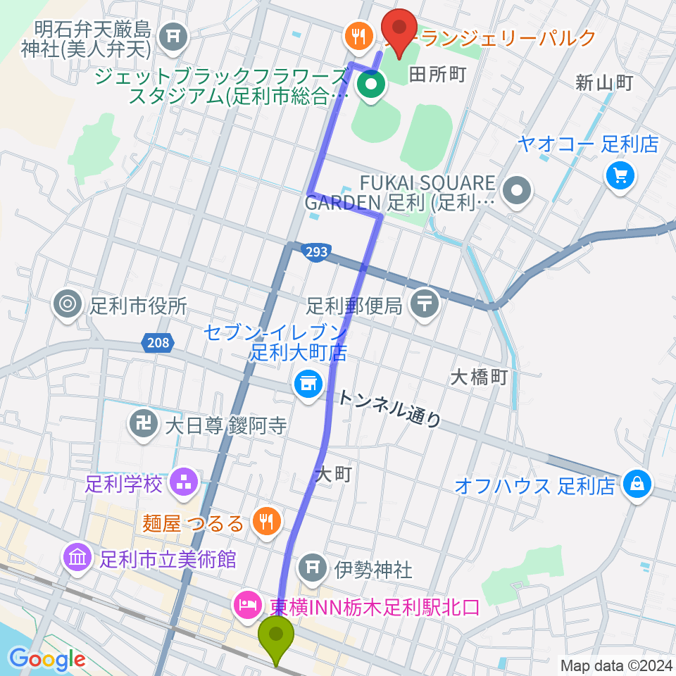 エコアールグリーン球場の最寄駅足利駅からの徒歩ルート（約28分）地図