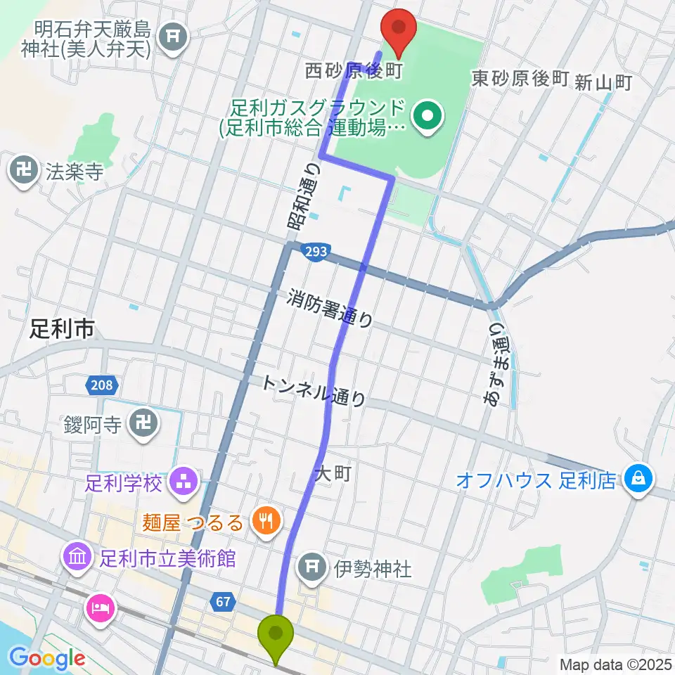 エコアールグリーン球場の最寄駅足利駅からの徒歩ルート（約28分）地図