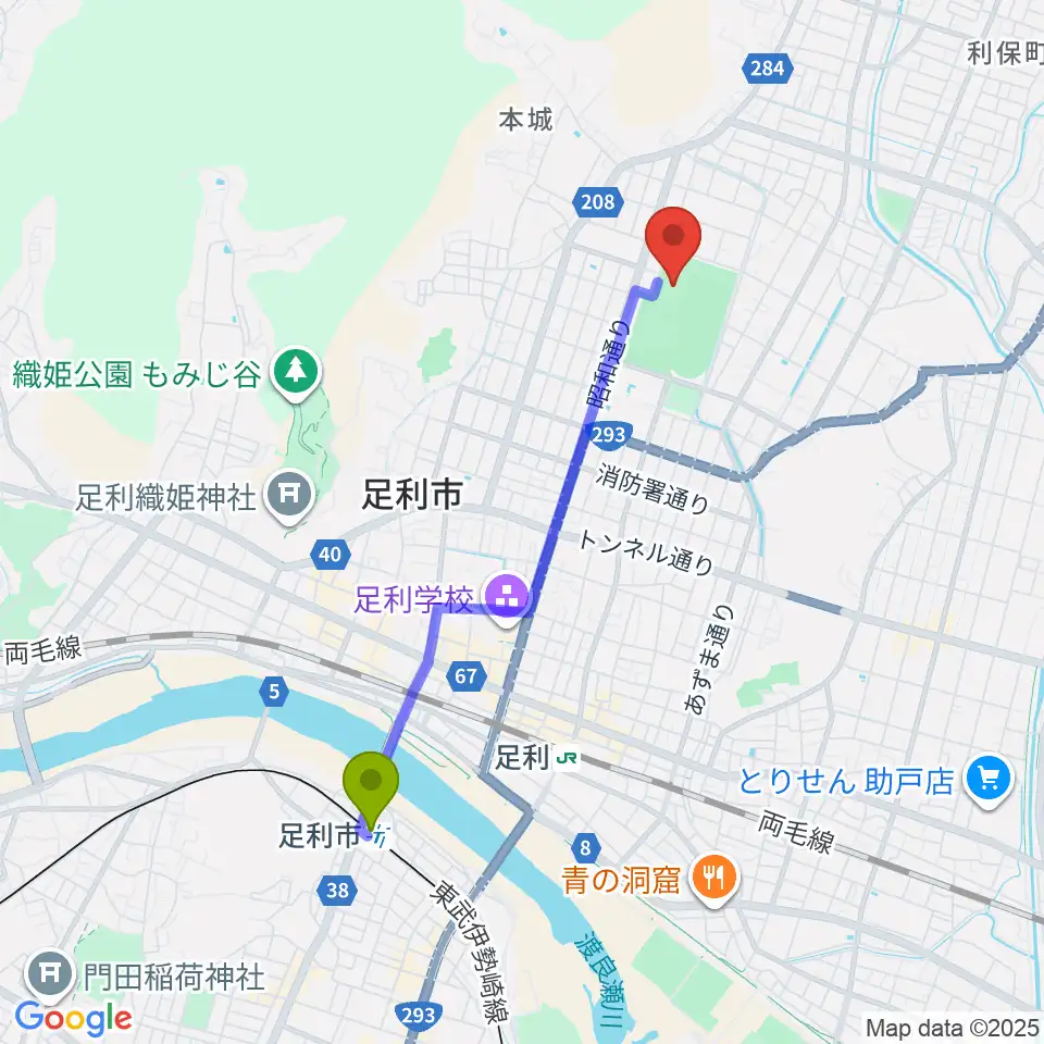 足利市駅からエコアールグリーン球場へのルートマップ地図
