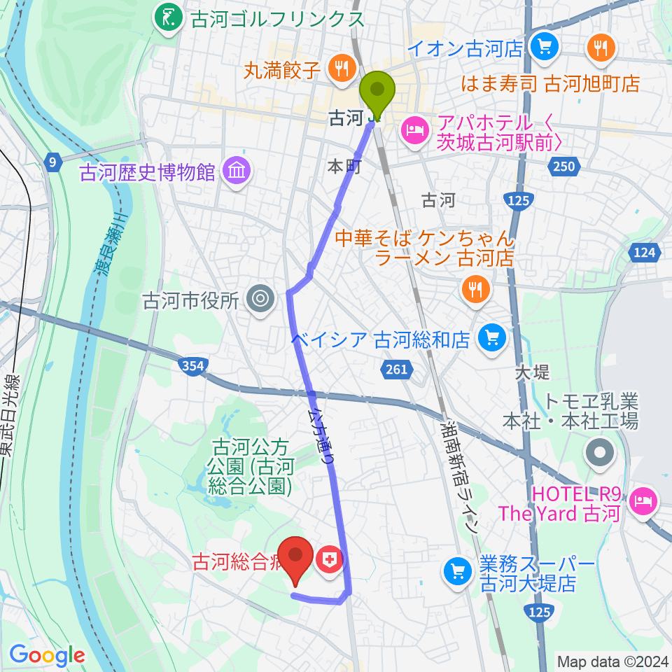 ヨシダスタジアムの最寄駅古河駅からの徒歩ルート（約43分）地図