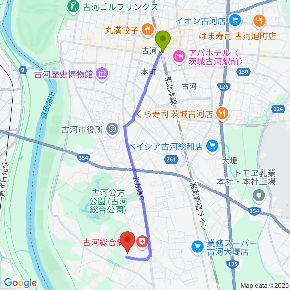 ヨシダスタジアムの最寄駅古河駅からの徒歩ルート（約43分）地図