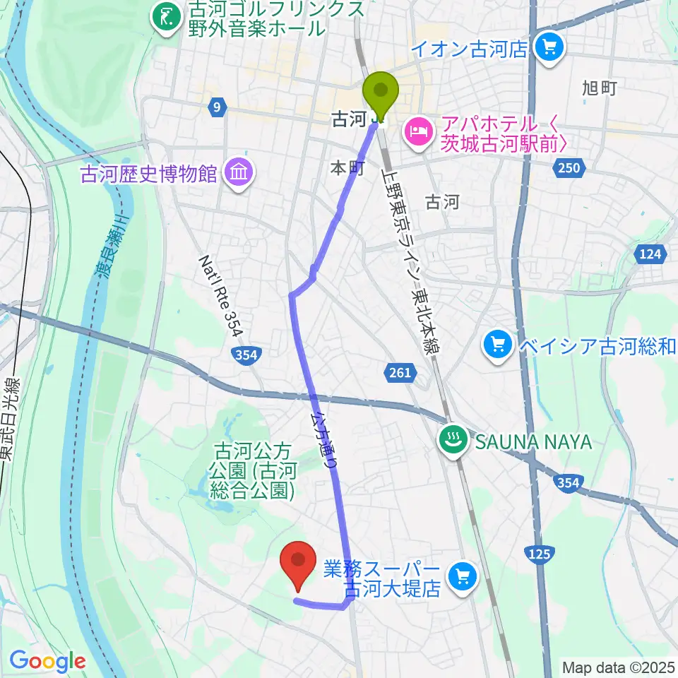 ヨシダスタジアムの最寄駅古河駅からの徒歩ルート（約43分）地図