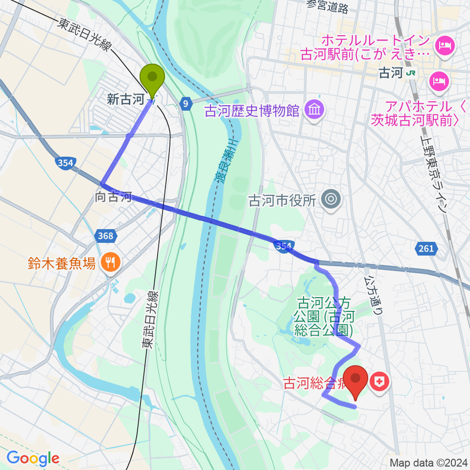 新古河駅からヨシダスタジアムへのルートマップ地図