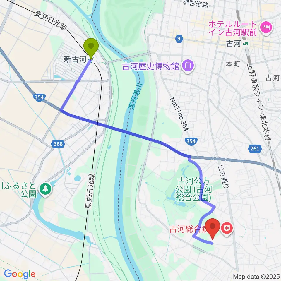 新古河駅からヨシダスタジアムへのルートマップ地図