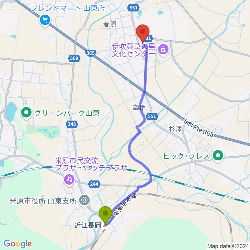 OSPホッケースタジアムの最寄駅近江長岡駅からの徒歩ルート（約46分）地図