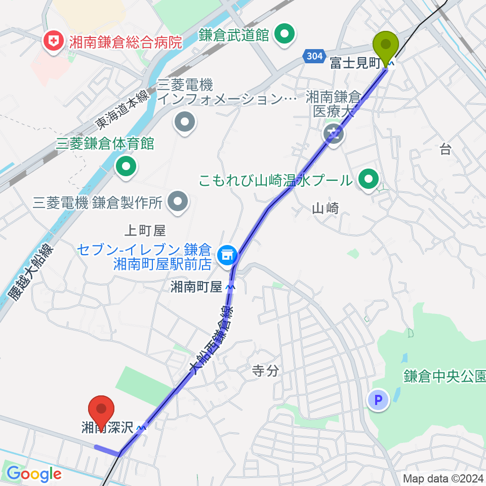 富士見町駅からみんなの鳩サブレースタジアムへのルートマップ地図