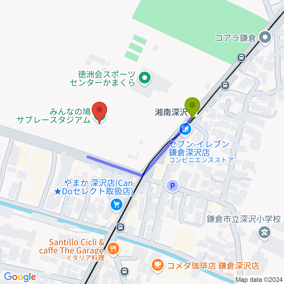 みんなの鳩サブレースタジアムの最寄駅湘南深沢駅からの徒歩ルート（約3分）地図