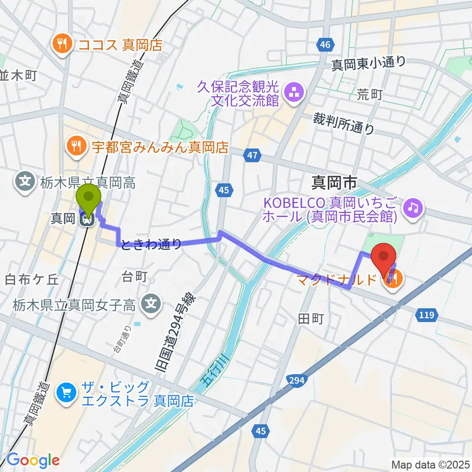 アオキシンテックもおか武道館の最寄駅真岡駅からの徒歩ルート（約20分）地図