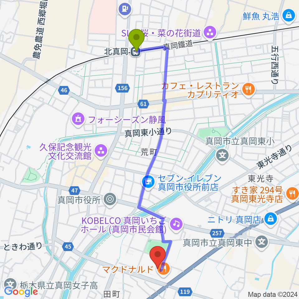 北真岡駅からアオキシンテックもおか武道館へのルートマップ地図