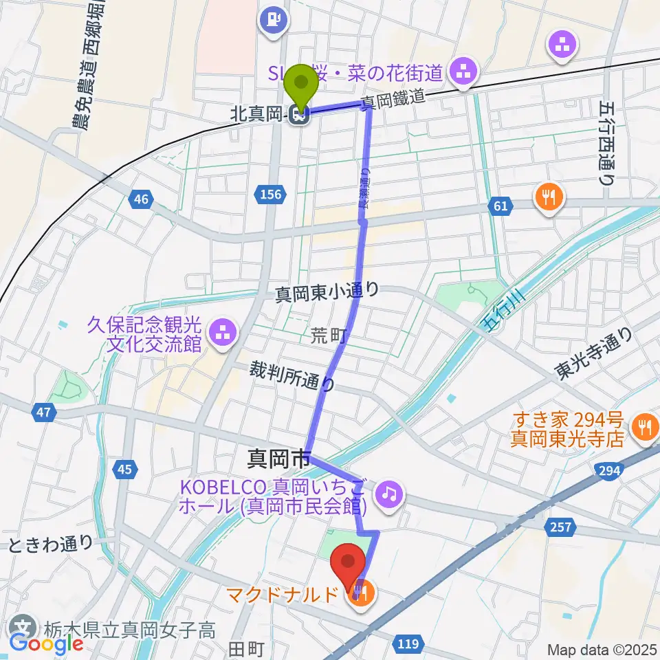 北真岡駅からアオキシンテックもおか武道館へのルートマップ地図