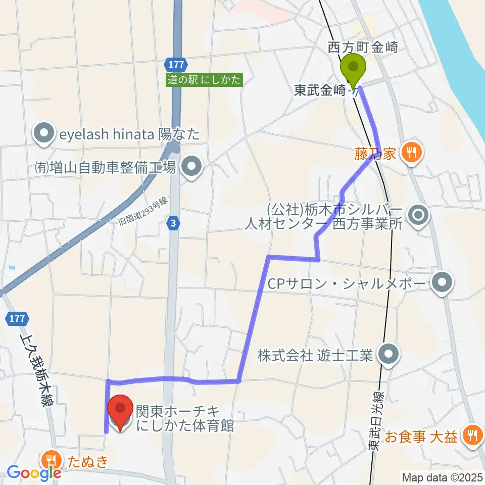 関東ホーチキにしかた体育館の最寄駅東武金崎駅からの徒歩ルート（約26分）地図