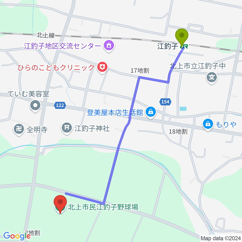 きたかみしんきんボールパークの最寄駅江釣子駅からの徒歩ルート（約13分）地図