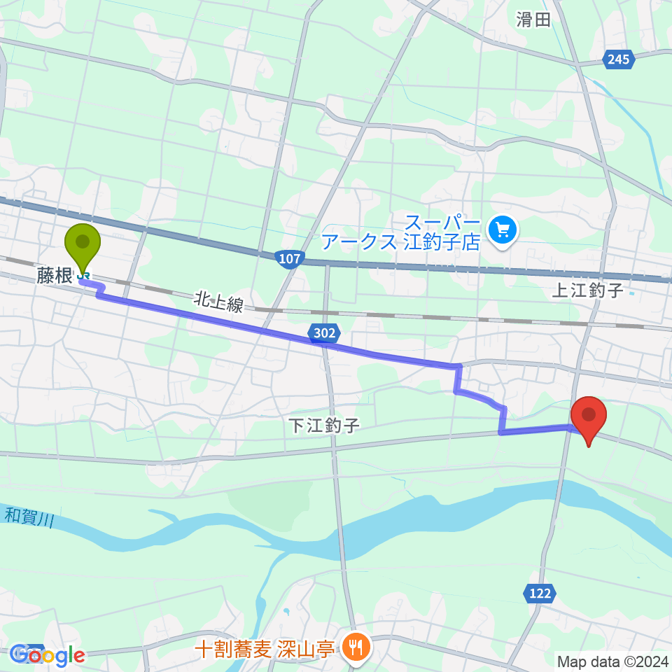 藤根駅からきたかみしんきんボールパークへのルートマップ地図