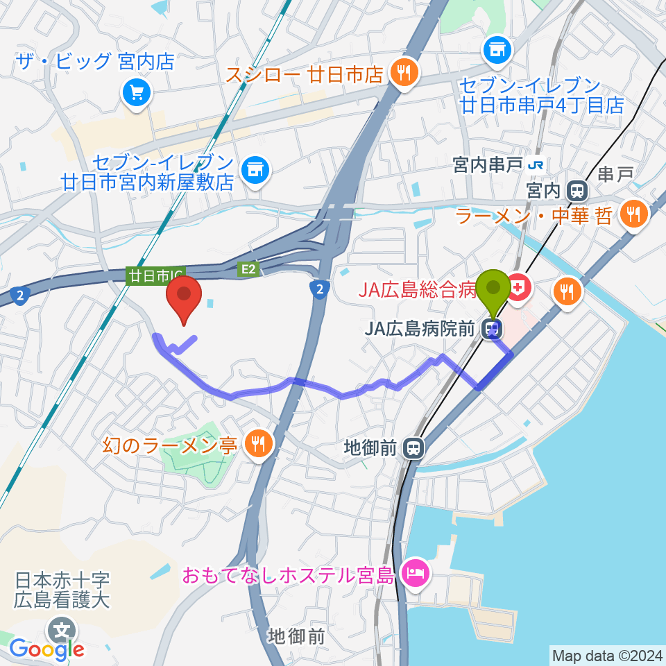 ＪＡ広島病院前駅から三共ディスプレイ グリーンフィールドへのルートマップ地図