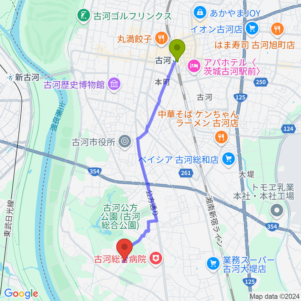 ヨシダサッカーフィールドの最寄駅古河駅からの徒歩ルート（約42分）地図