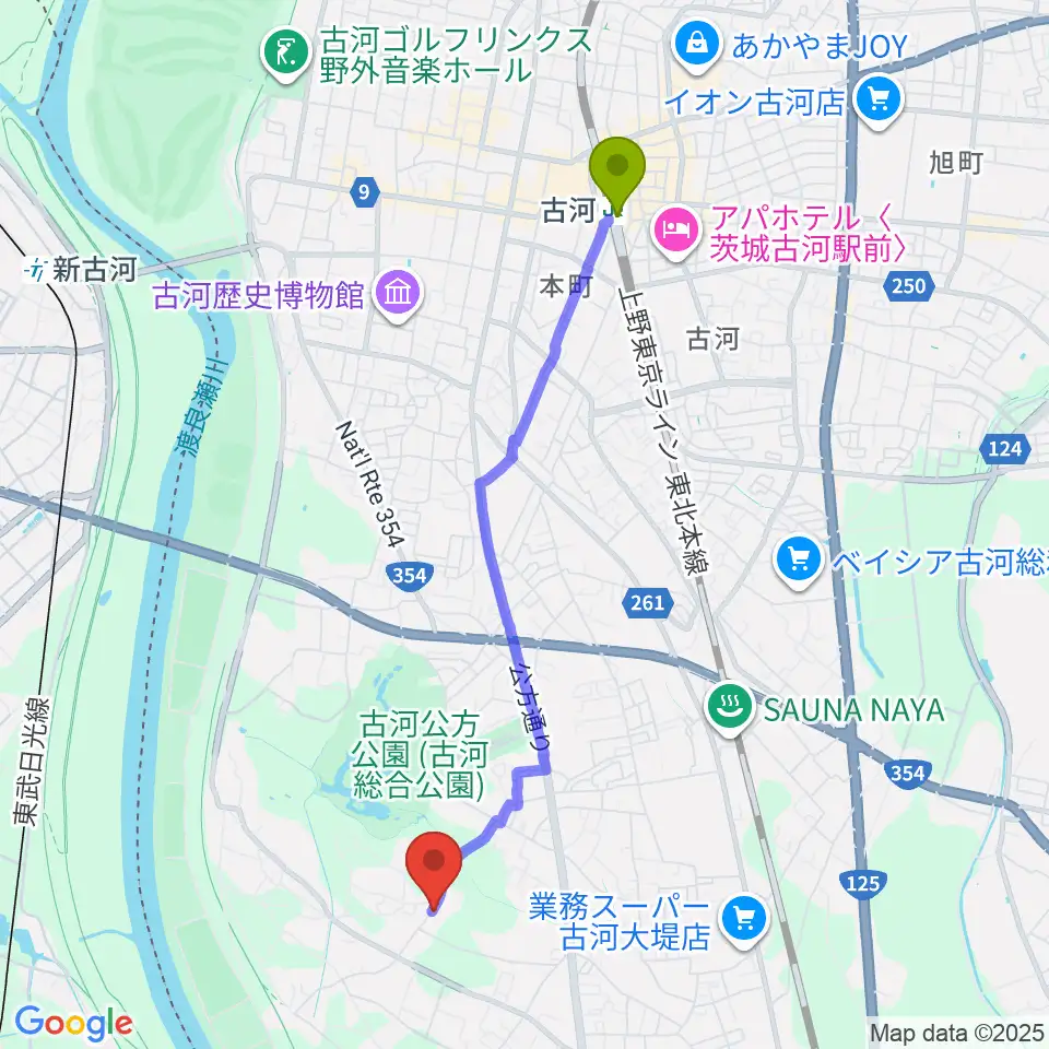ヨシダサッカーフィールドの最寄駅古河駅からの徒歩ルート（約42分）地図