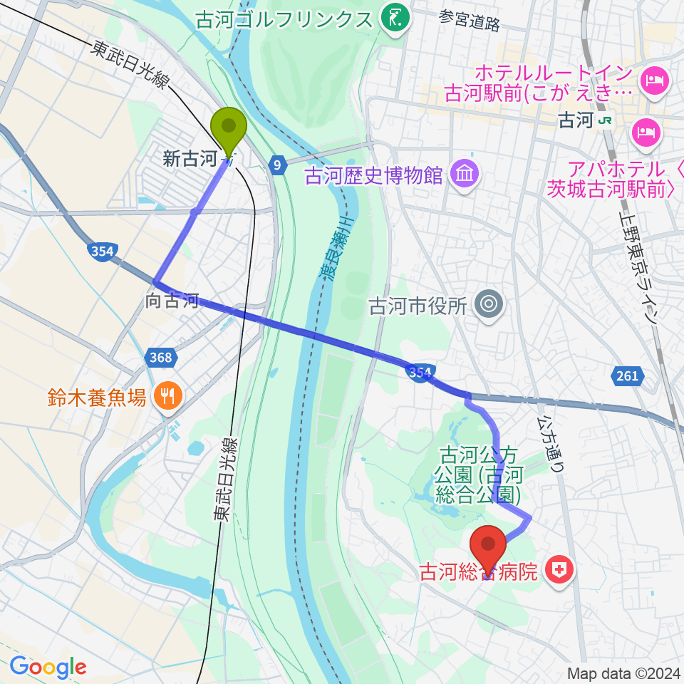 新古河駅からヨシダサッカーフィールドへのルートマップ地図