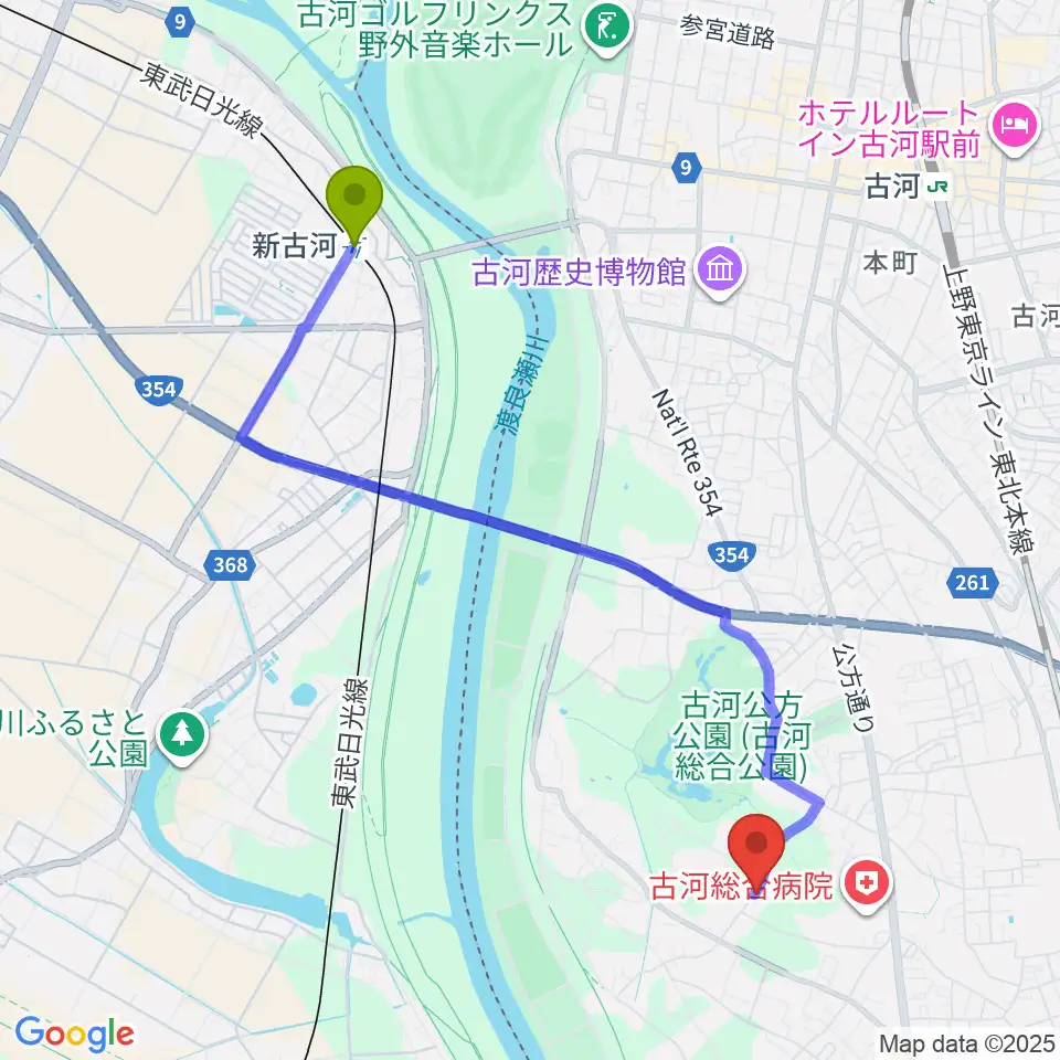 新古河駅からヨシダサッカーフィールドへのルートマップ地図