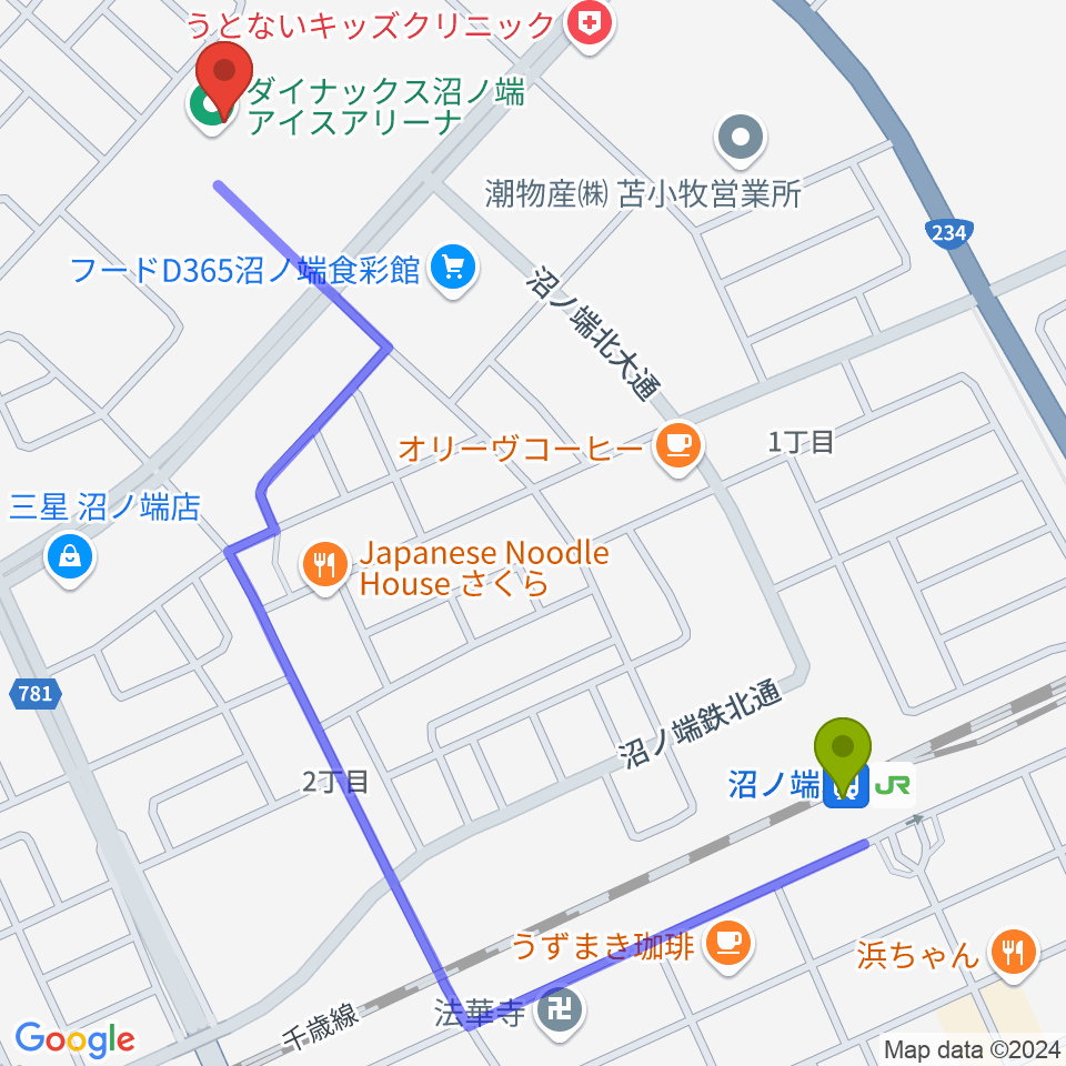 ダイナックス沼ノ端アイスアリーナの最寄駅沼ノ端駅からの徒歩ルート（約12分）地図