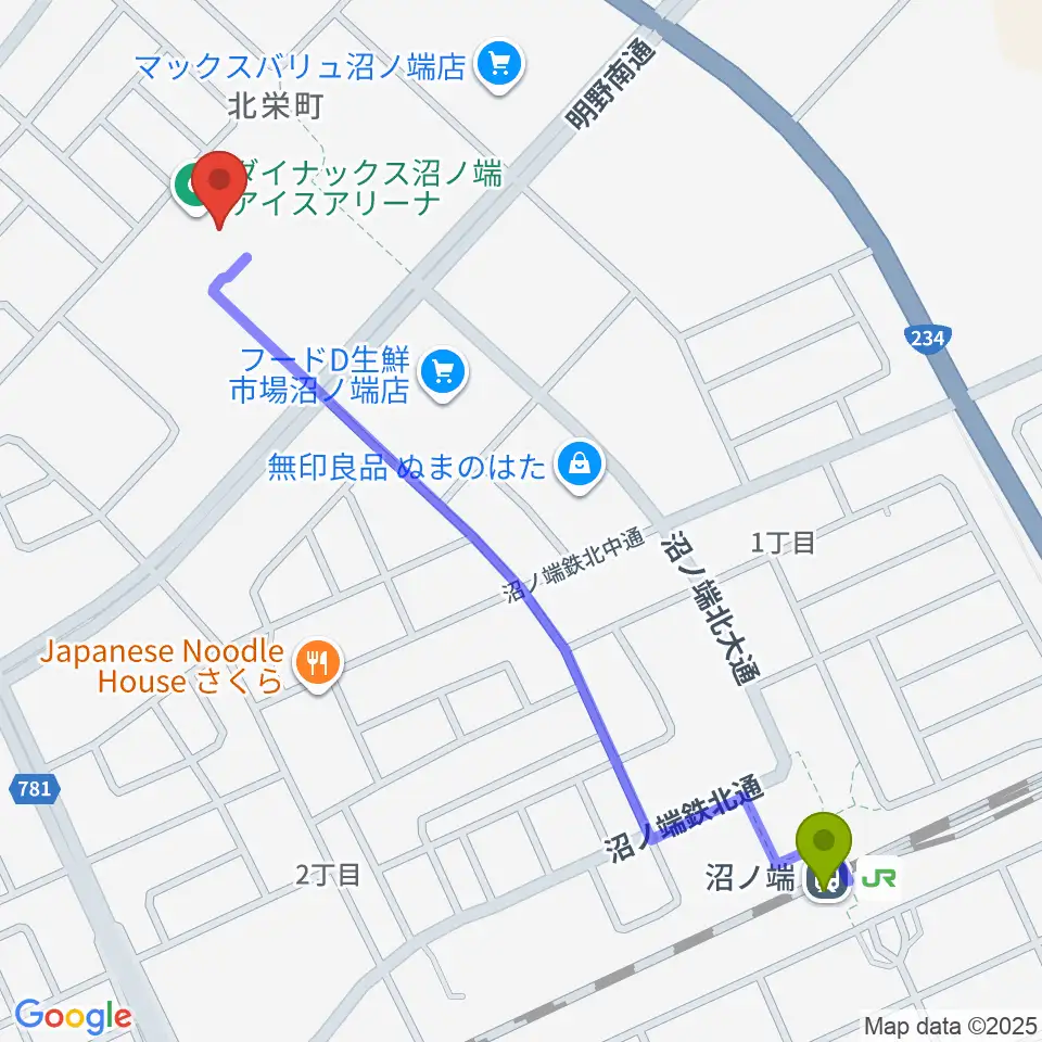 ダイナックス沼ノ端アイスアリーナの最寄駅沼ノ端駅からの徒歩ルート（約12分）地図