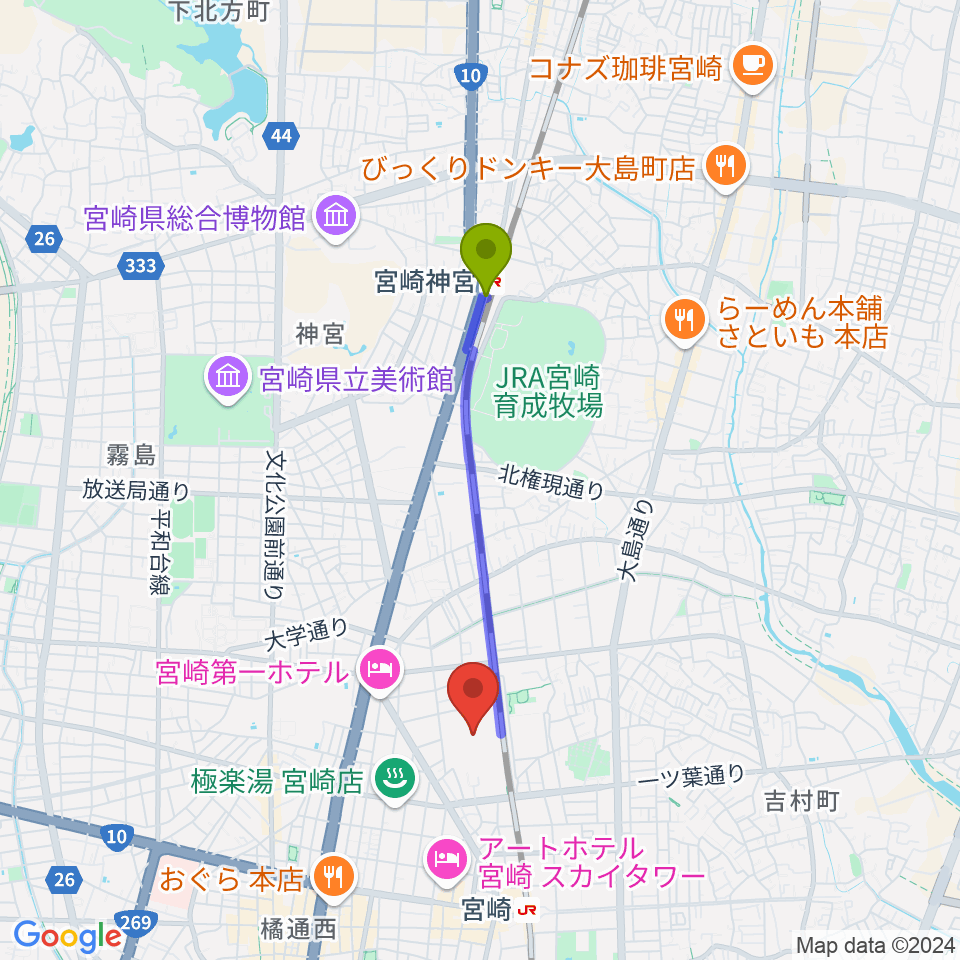 宮崎神宮駅からパーソルアクアパーク宮崎へのルートマップ地図