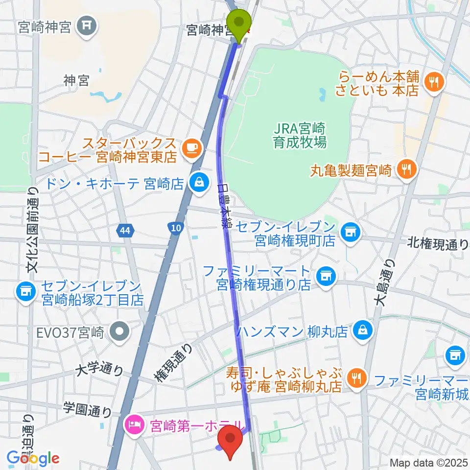 宮崎神宮駅からパーソルアクアパーク宮崎へのルートマップ地図