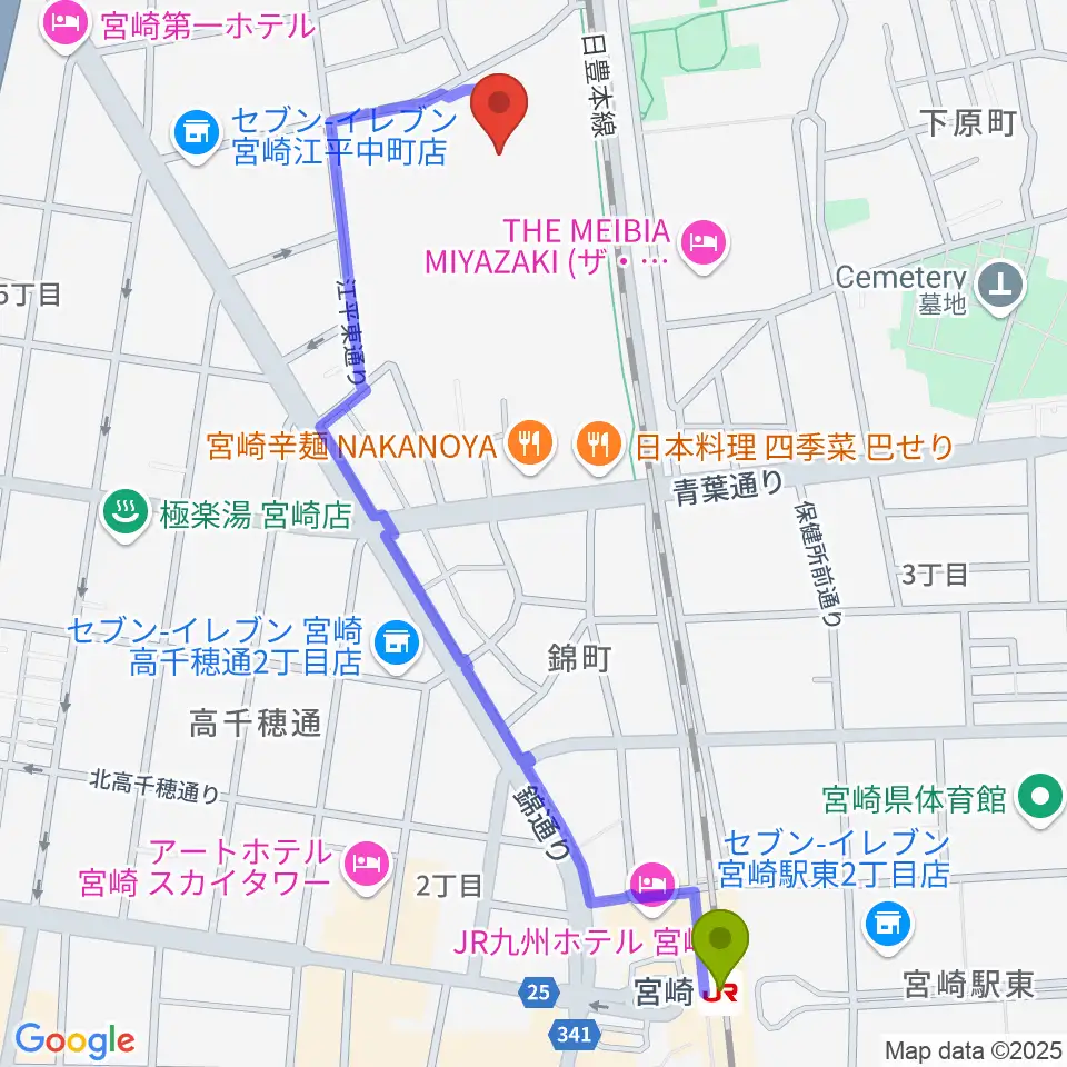 パーソルアクアパーク宮崎の最寄駅宮崎駅からの徒歩ルート（約13分）地図